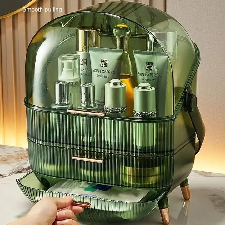 Vanity top dustproof makeup organizer. Waterproof clear cosmetic storage with brush compartments.