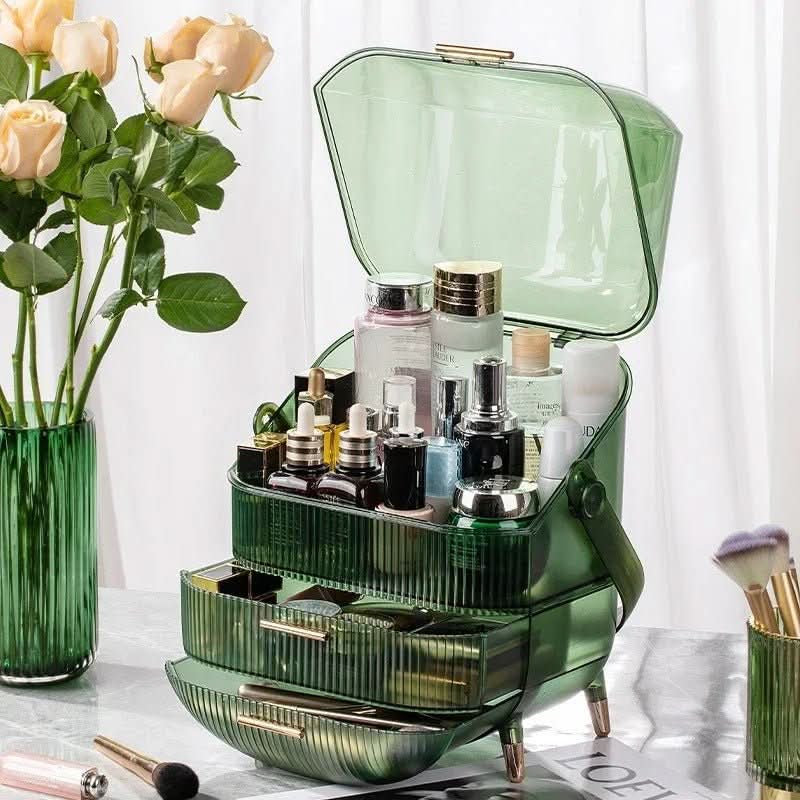 Dustproof beauty organizer for skincare. Clear waterproof makeup box, ideal for bathroom storage.