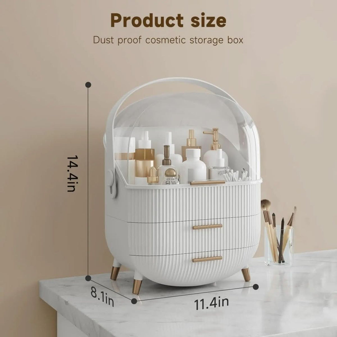 Elegant clear cosmetic organizer. Dustproof waterproof storage for makeup, brushes, and lotions.