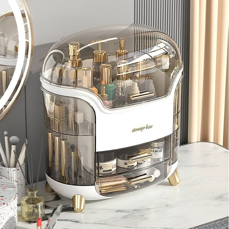 Waterproof cosmetic organizer with dustproof lid. Elegant clear plastic storage for vanity or bathroom.