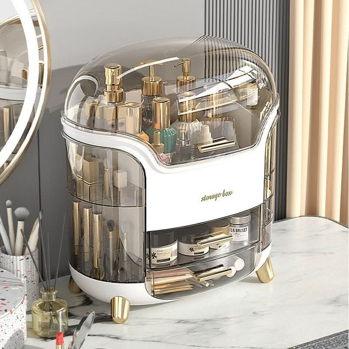 Waterproof cosmetic organizer with dustproof lid. Elegant clear plastic storage for vanity or bathroom.