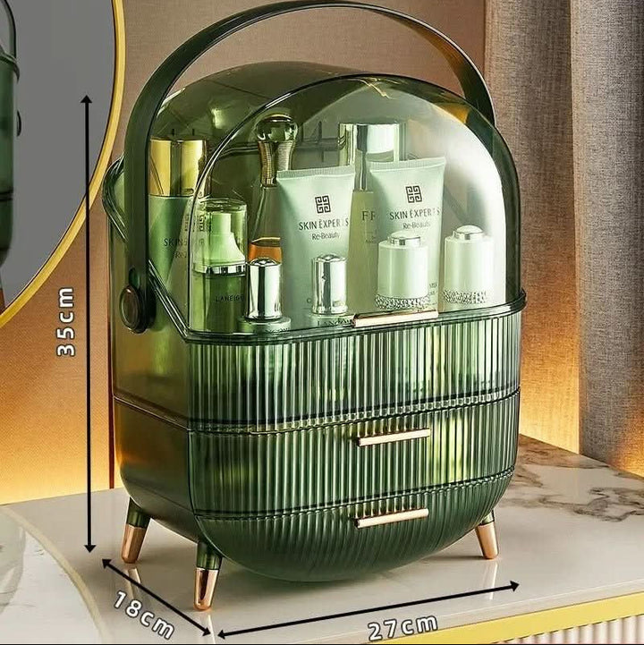 Elegant dustproof vanity organizer. Clear cosmetic storage case, perfect for tidy countertops.
