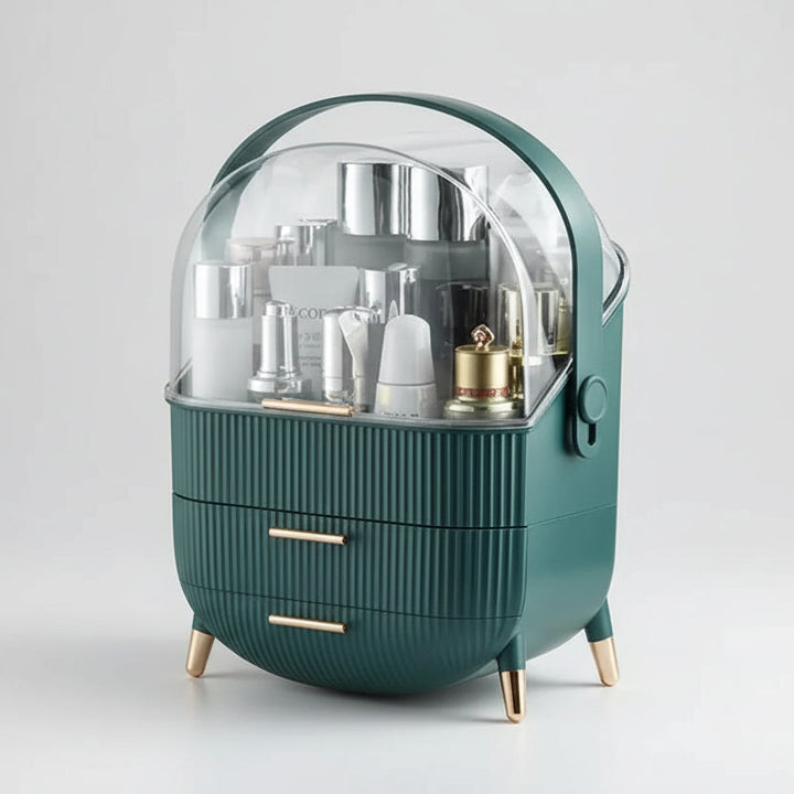 Clear dustproof cosmetic storage. Waterproof beauty organizer with drawers for brushes & palettes.