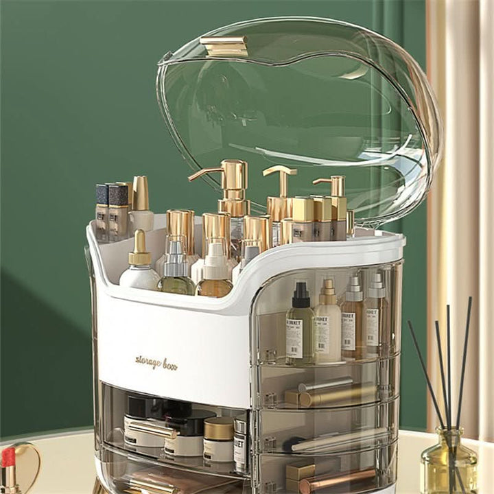 Elegant dustproof makeup organizer. Clear beauty storage case for cosmetics, brushes, and skincare.