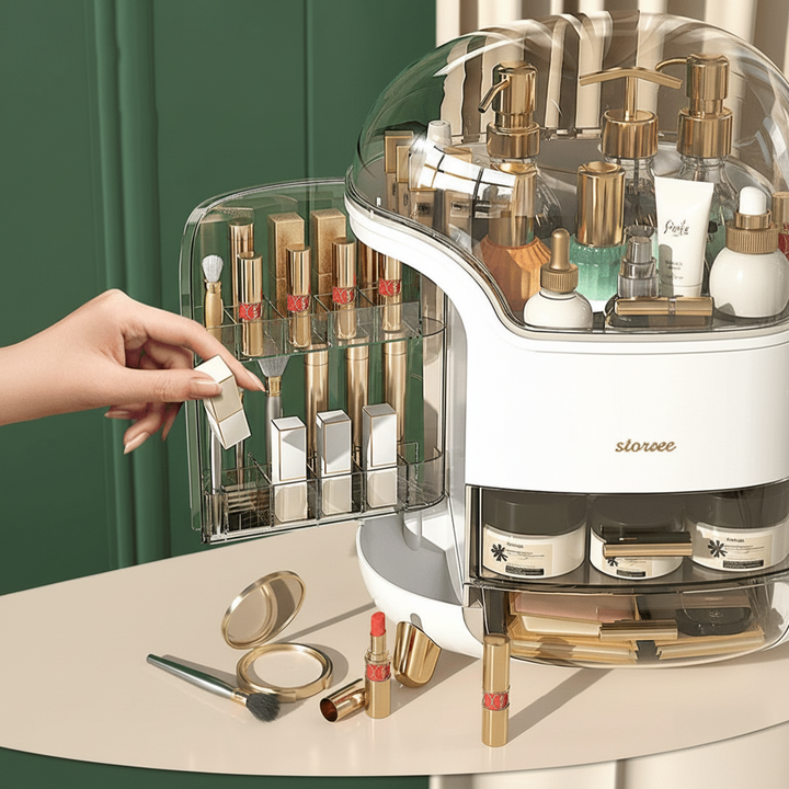 Modern dustproof makeup organizer. Transparent cosmetic storage for vanity, dresser, or bathroom.