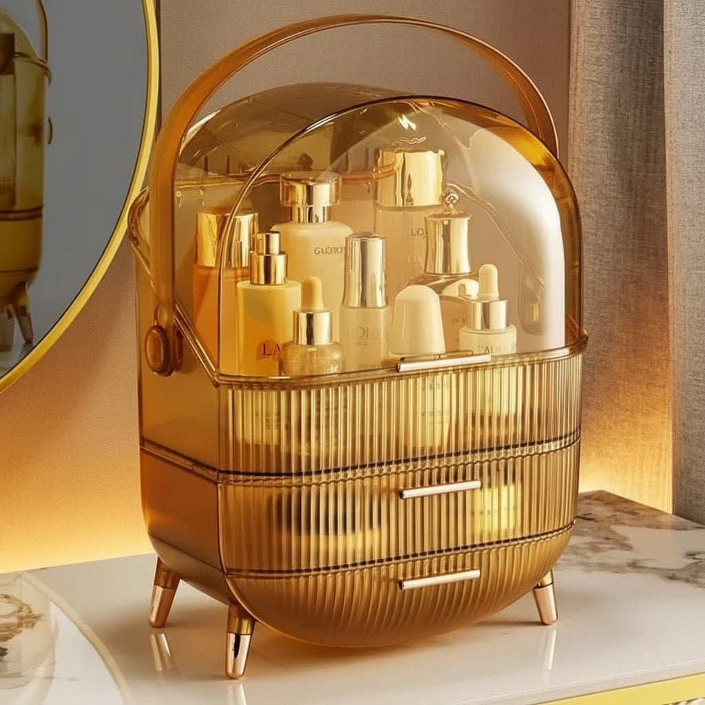 Waterproof vanity organizer. Dustproof beauty storage case with clear design for modern bathroom.