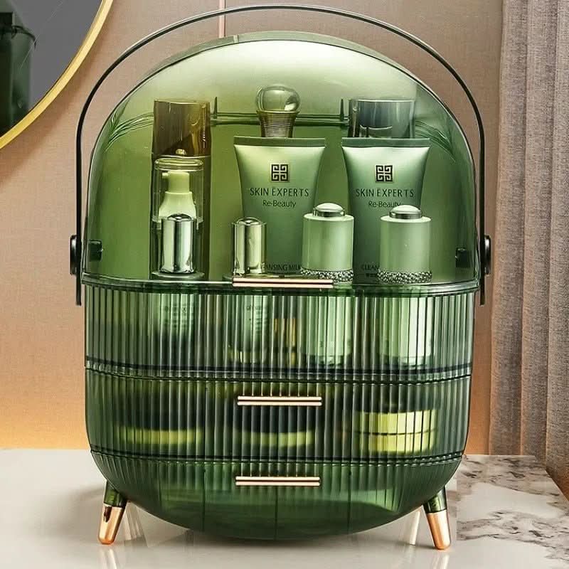 Multi-compartment dustproof makeup organizer. Clear acrylic cosmetic box with brush holder.