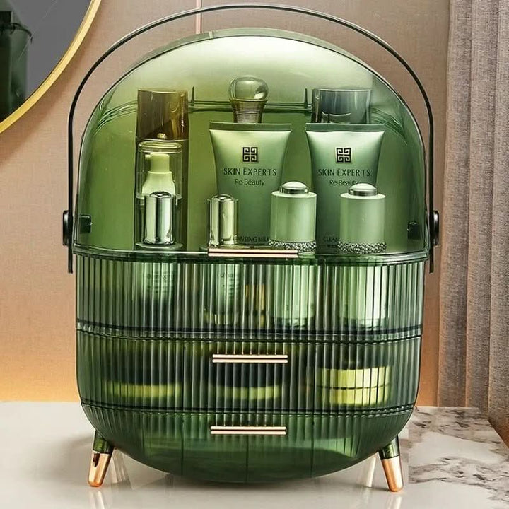 Multi-compartment dustproof makeup organizer. Clear acrylic cosmetic box with brush holder.