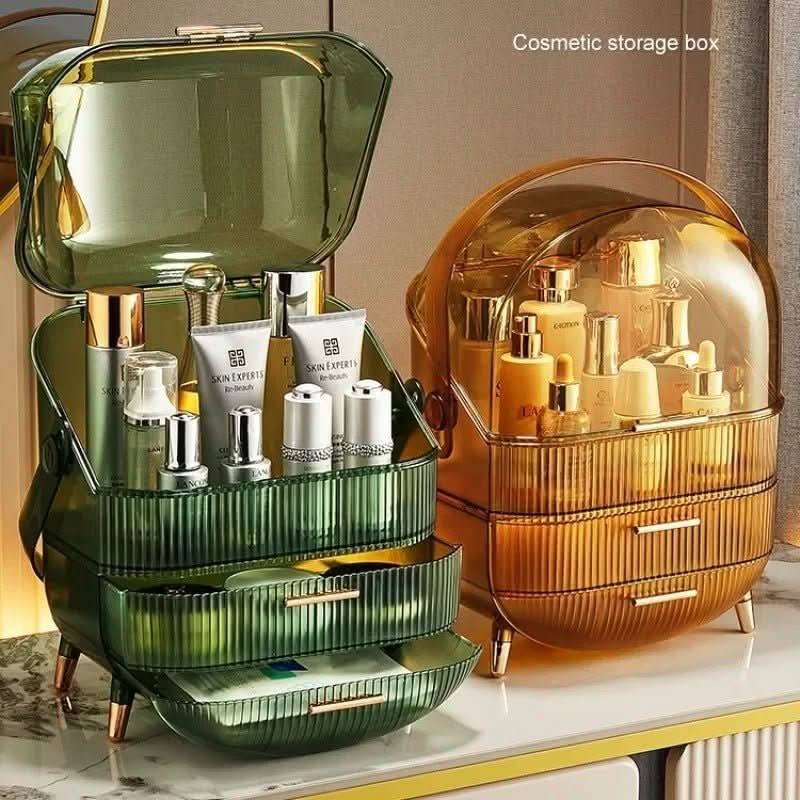 Elegant clear dustproof makeup storage. Waterproof cosmetic organizer for countertop or dresser.