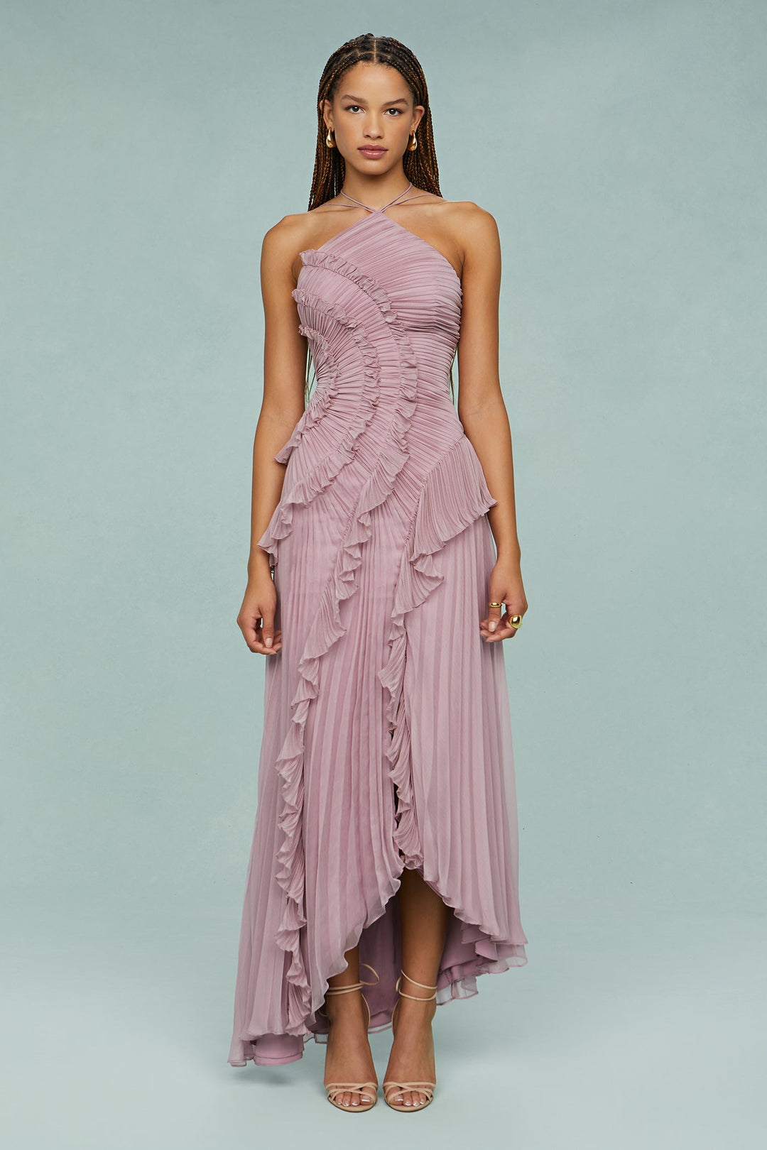 Dusty mauve ruffle halter maxi wedding guest dress. Elegant, chic formal wear for women's special occasions.