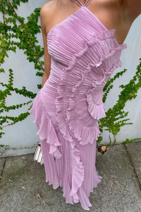 Elegant women's dusty mauve ruffle halter maxi dress. Sophisticated formal wear for parties & events.