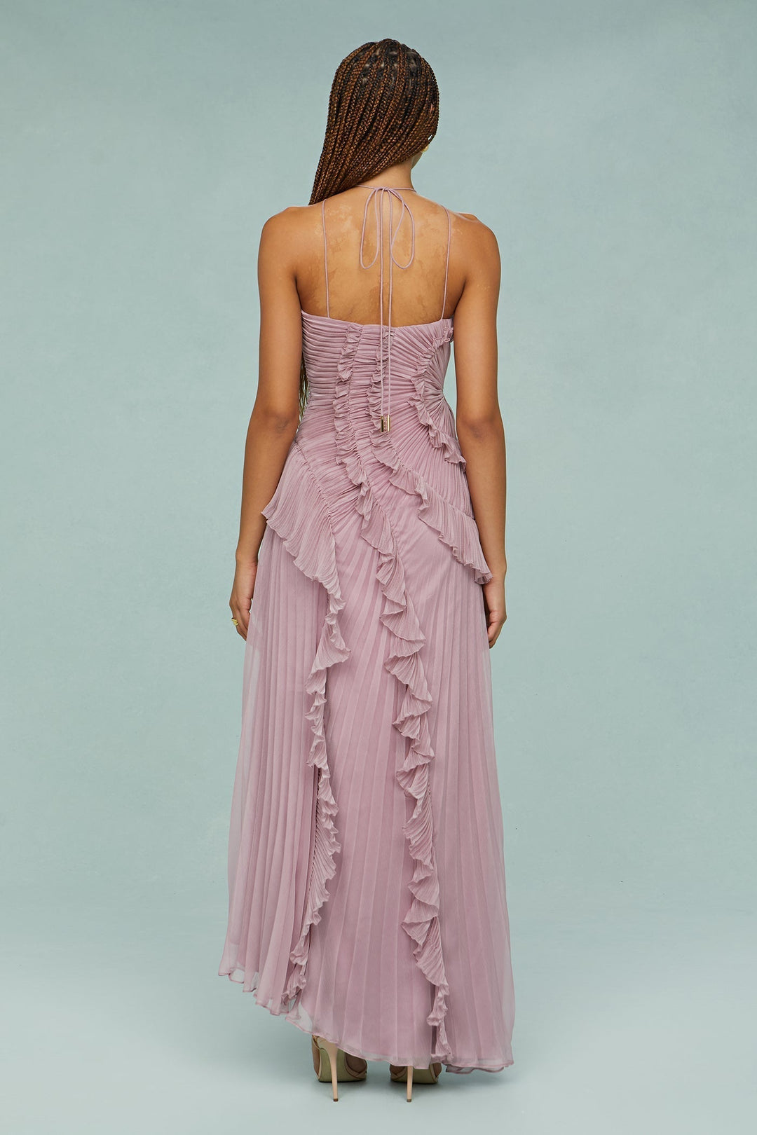 Sophisticated dusty mauve wedding guest dress. A chic ruffle halter maxi gown for women's special events.