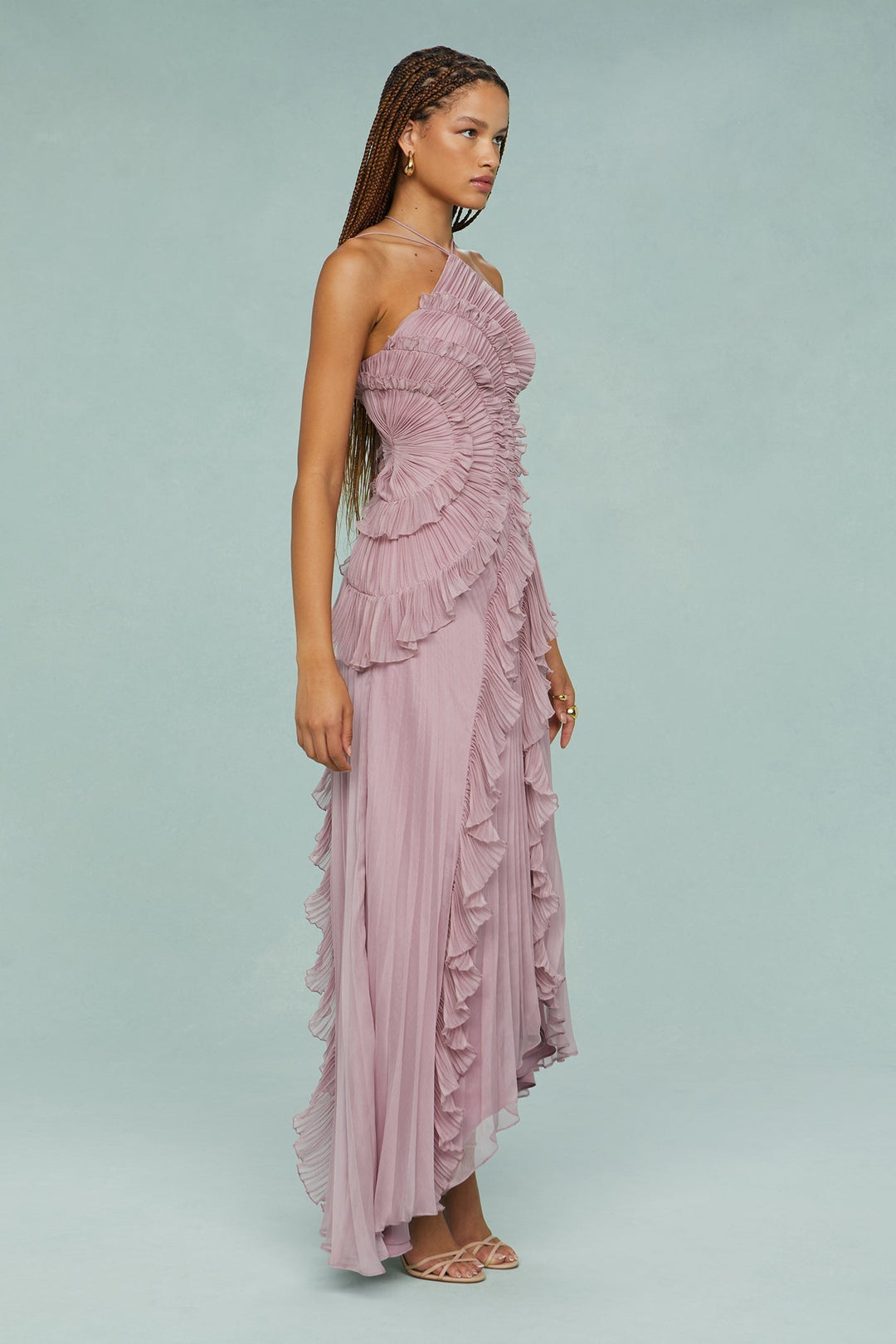 Beautiful dusty mauve ruffle halter maxi dress. Elegant formal wear, perfect for wedding guests.