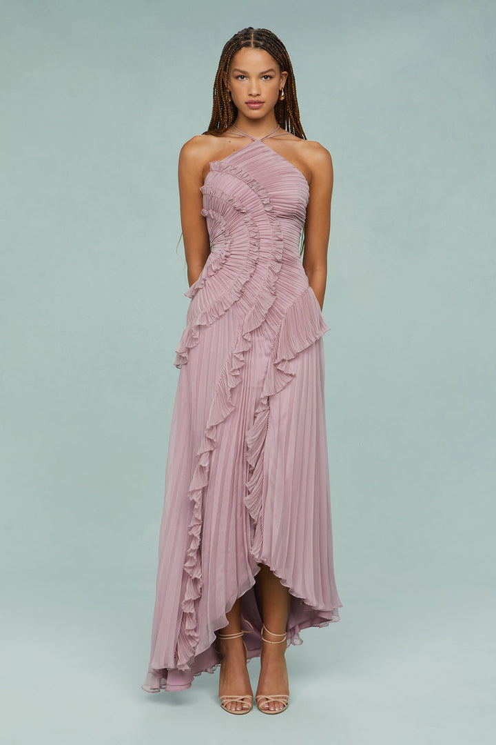 Dusty mauve ruffle halter neck maxi dress for women. Chic, sophisticated wedding guest attire.