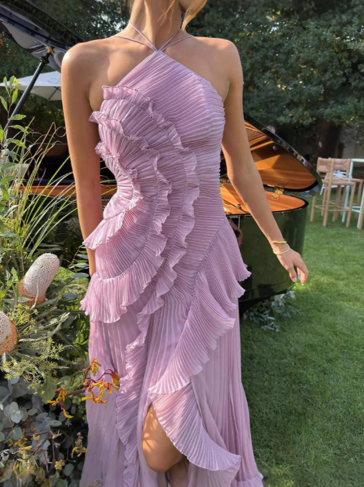 Elegant women's dusty mauve ruffle halter maxi. Perfect formal party or wedding guest dress.