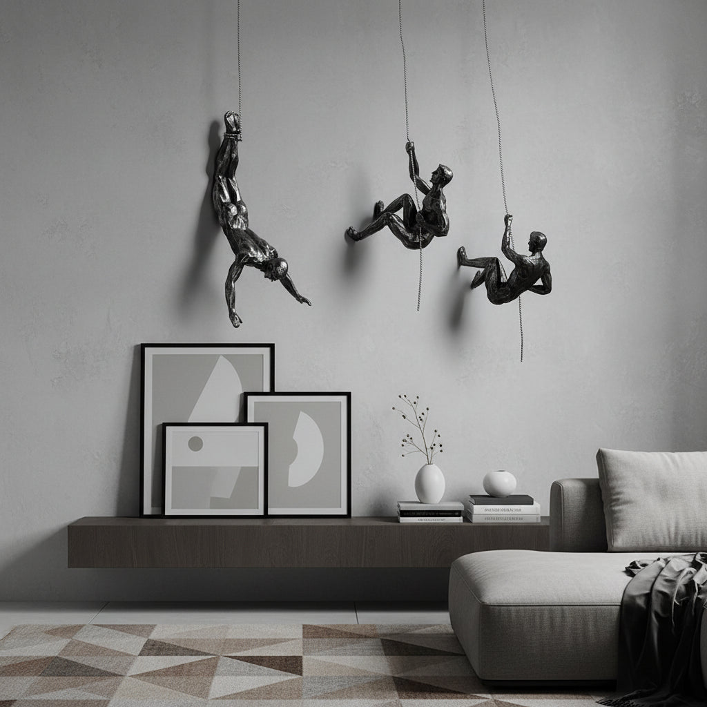 Artistic wall figure decor, a dynamic climber sculpture for modern interiors.
