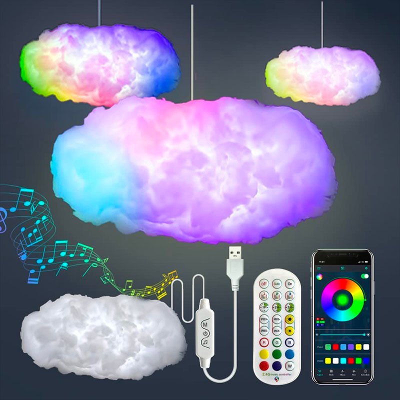 Atmospheric cloud lamp with vibrant LED lightning light. Music sync & color control for dynamic mood lighting & room decor.