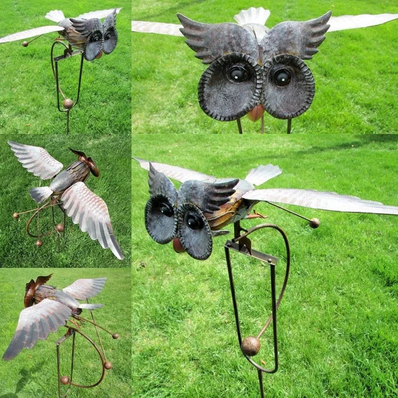 Majestic bird & owl dynamic wind spinner. Outdoor garden art & metal patio decor.