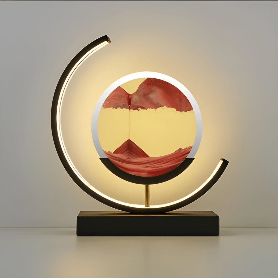 Dynamic sand art lamp with ambient LED lighting for home decor, stress relief, and relaxation.