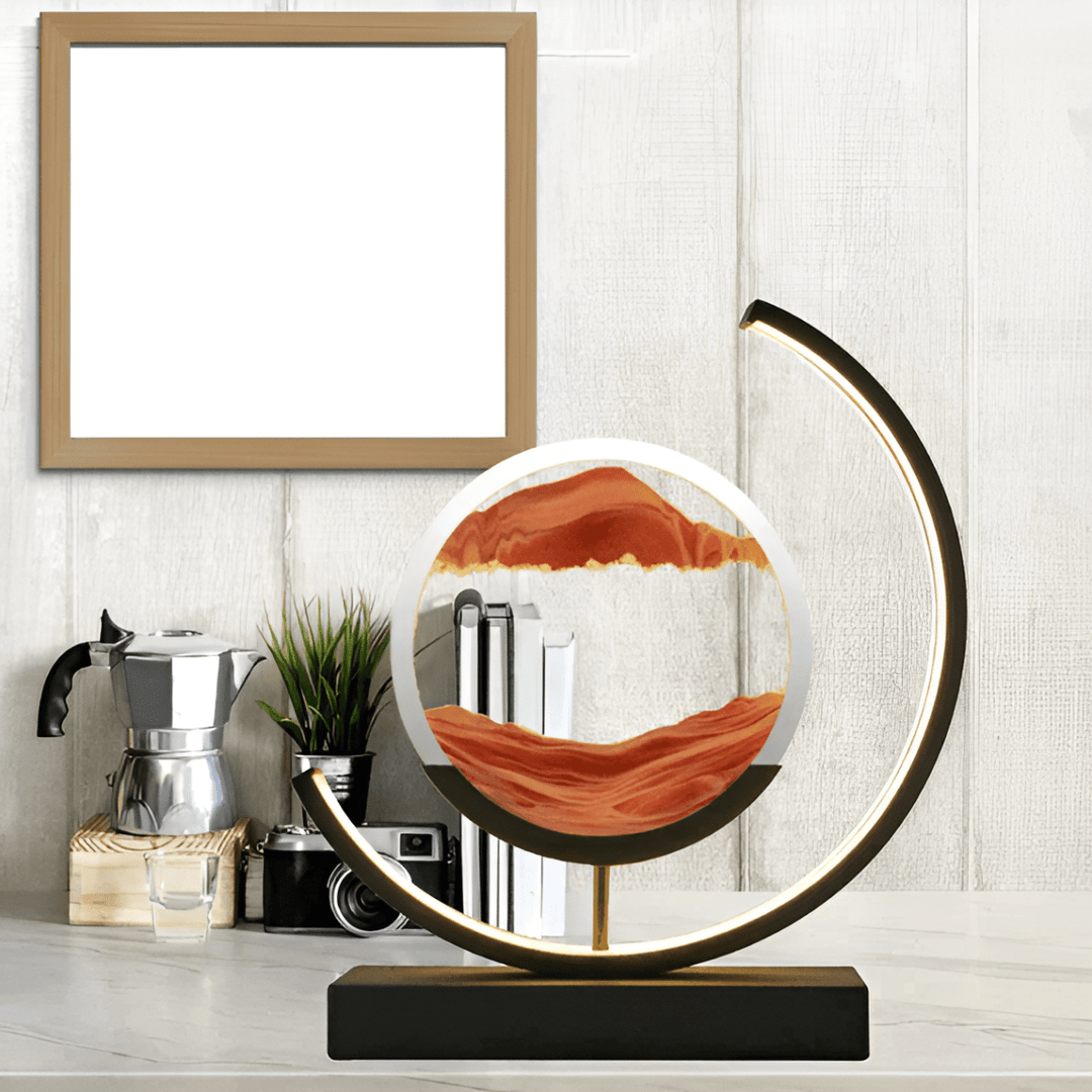 Dimmable LED dynamic sand lamp providing ambient lighting and captivating sand art for home/office decor.