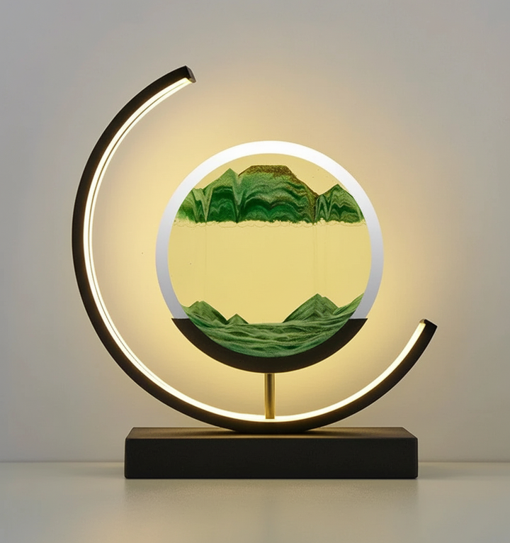 LED Table Lamp with flowing sand art, unique decorative lighting for meditation and relaxation