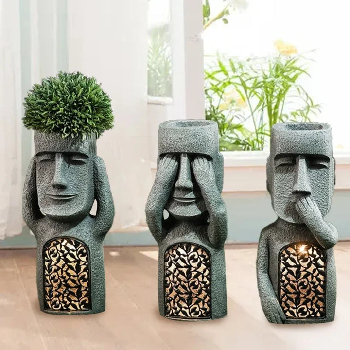 MoaiGlow Easter Island planter, a resin decorative pot with LED light for eye-catching garden or indoor display.