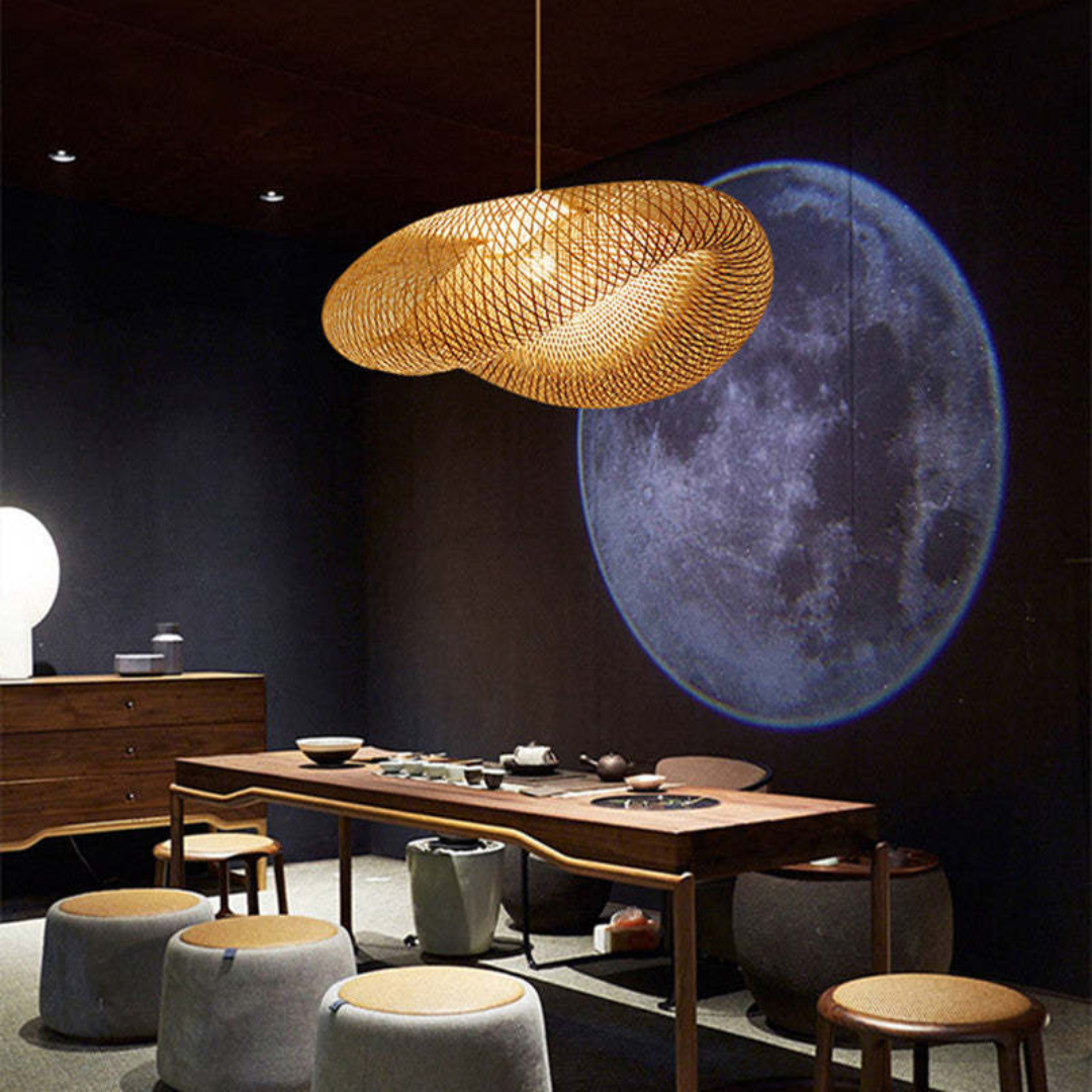 Eco-chic bamboo ball LED pendant lamp, natural decor for living room. Sustainable lighting.