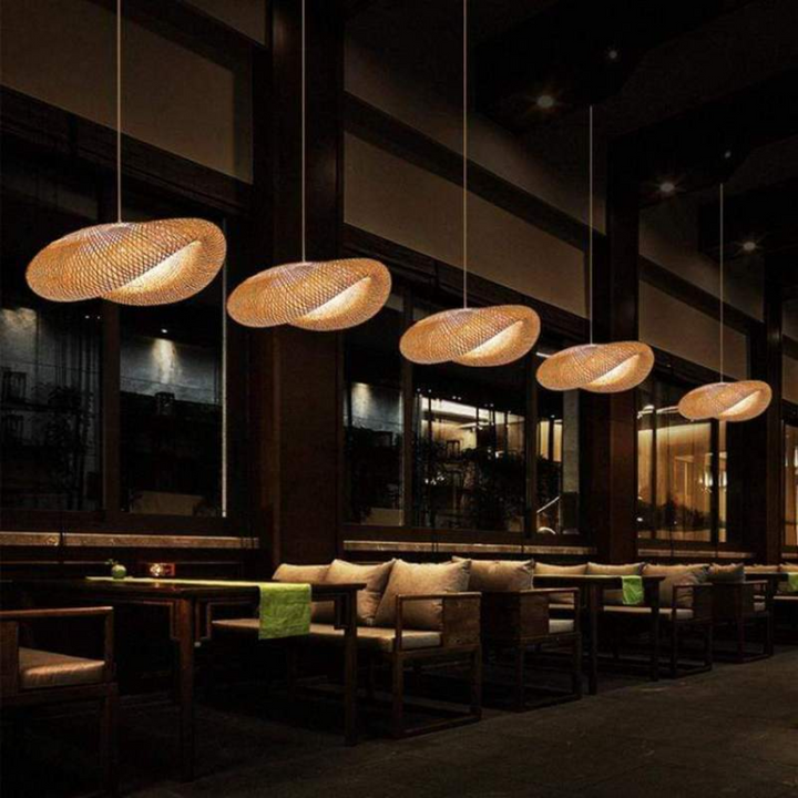 Natural bamboo ball LED pendant lamp, rustic charm meets modern design for sustainable home lighting.