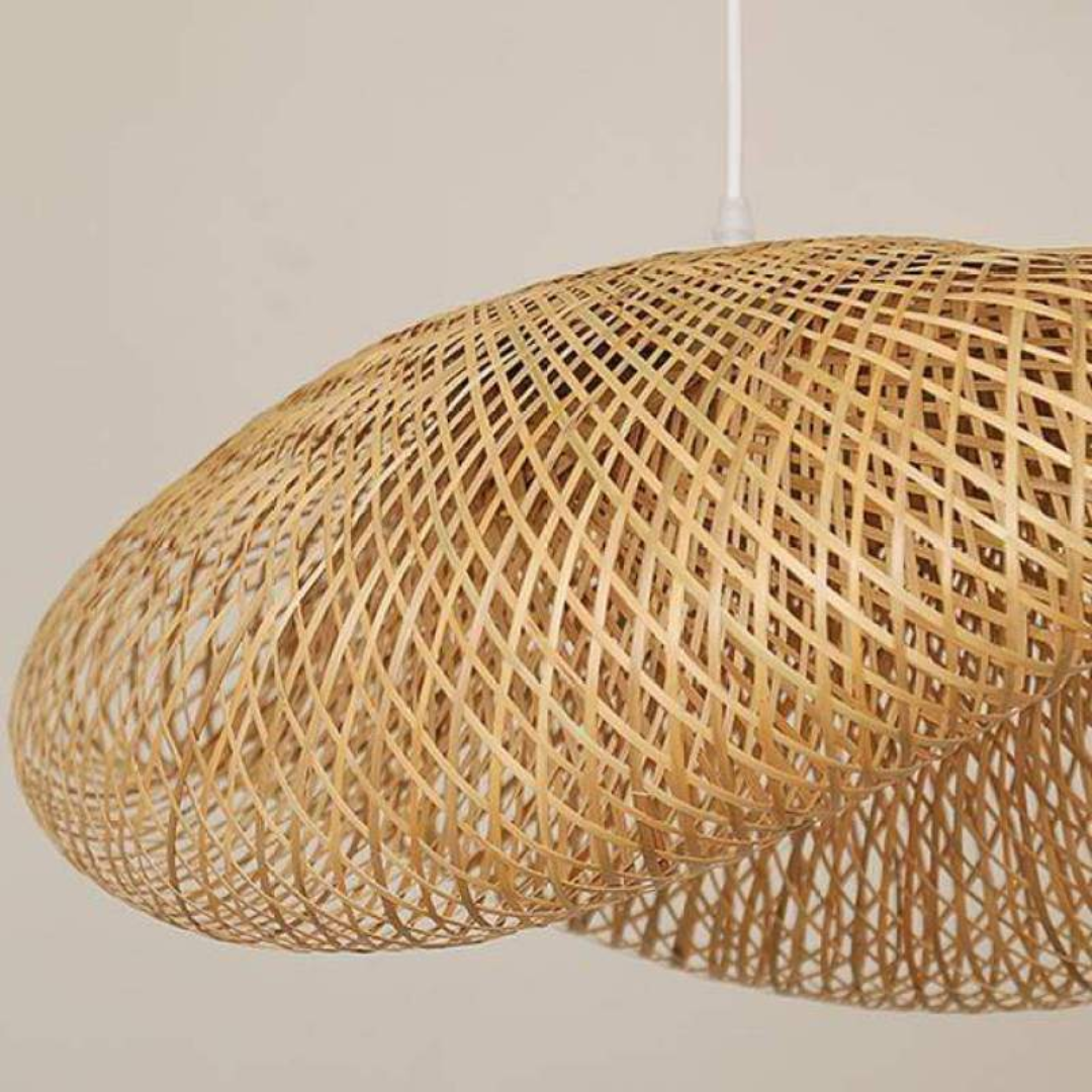 Handcrafted bamboo LED hanging lamp, natural finish, energy-efficient for modern homes.
