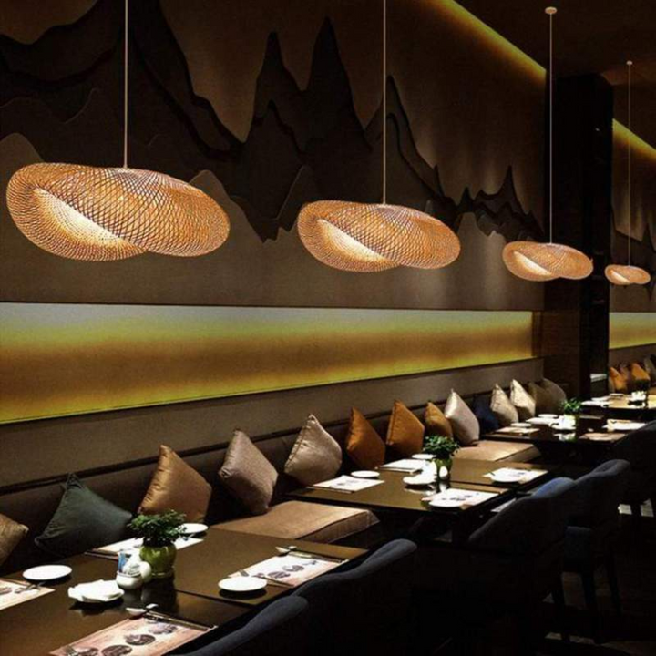 Elegant bamboo LED hanging light for dining room, creating a warm, inviting atmosphere.