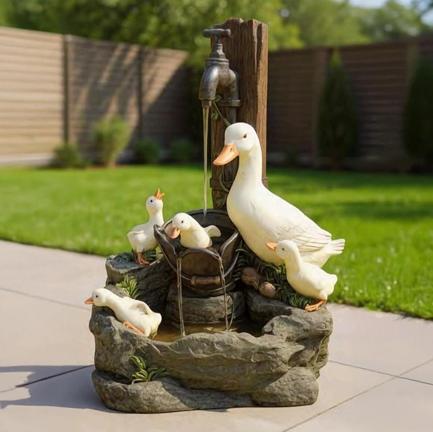 Eco-friendly solar fountain with LED light & playful duck/squirrel wildlife design, perfect for garden & patio decor.