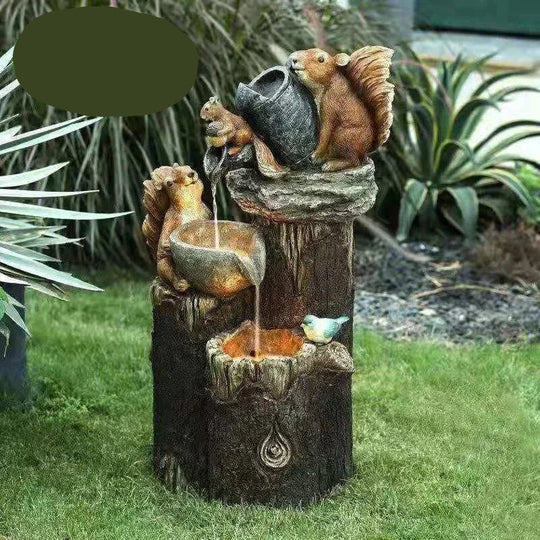 Resin solar fountain featuring charming duck & squirrel wildlife, LED light for garden ambiance. Cordless outdoor decor.