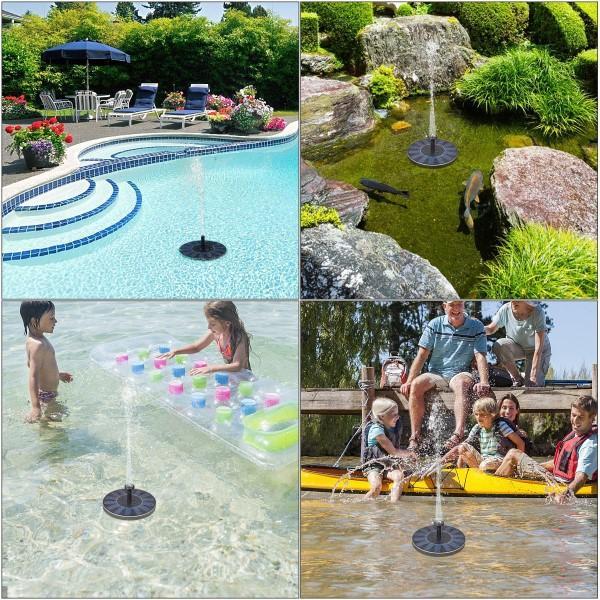 Close-up of the eco-friendly solar fountain pump; easy install water feature for pond, garden or bird bath.