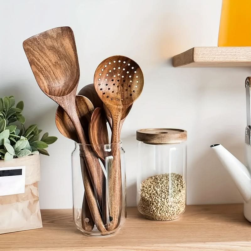Handcrafted teak wood cooking utensil set, nonstick safe. Sustainable natural wood kitchen tools & serving spoons.