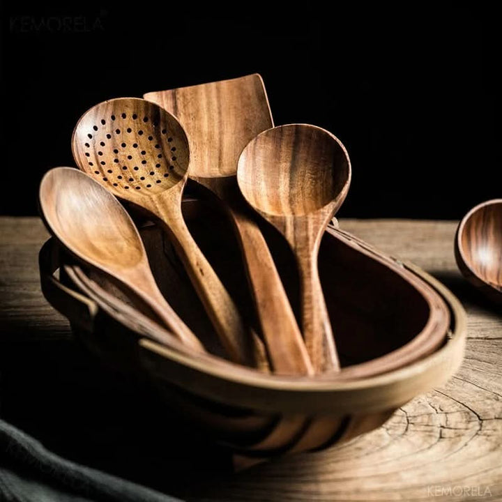 Sustainable teak wood cooking tool set, including spatulas, serving spoons, and ladles. Nonstick safe kitchenware.