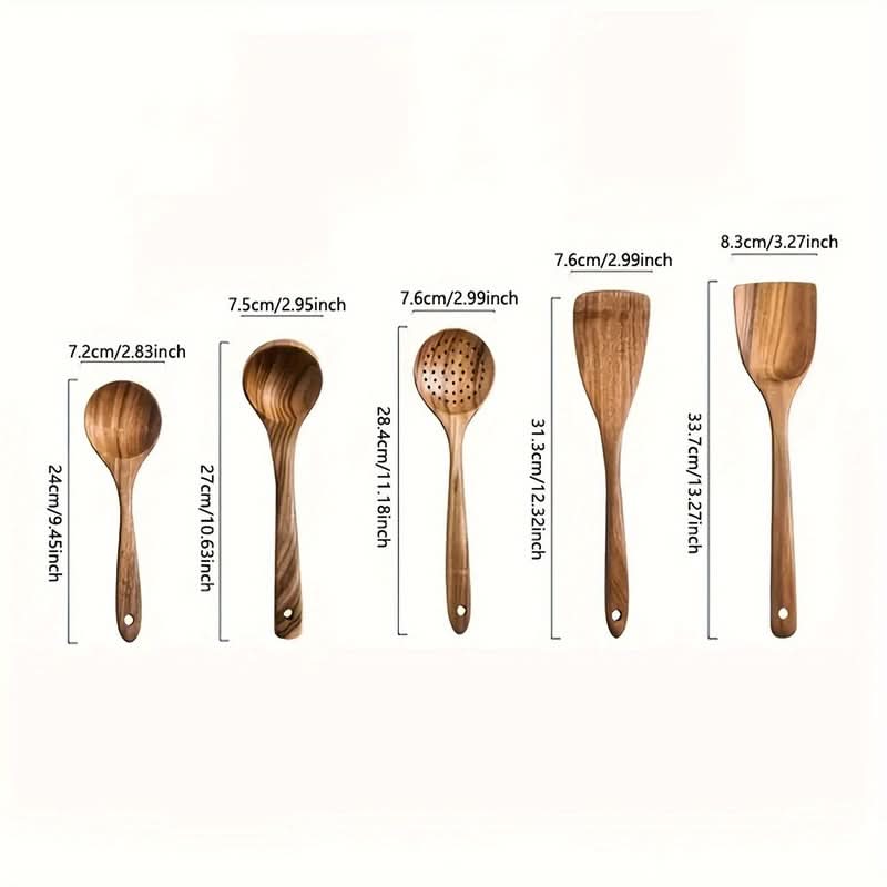 Premium eco-friendly teak wood kitchen utensil set. Durable, sustainable natural cooking tools & serving spoons for your kitchen.