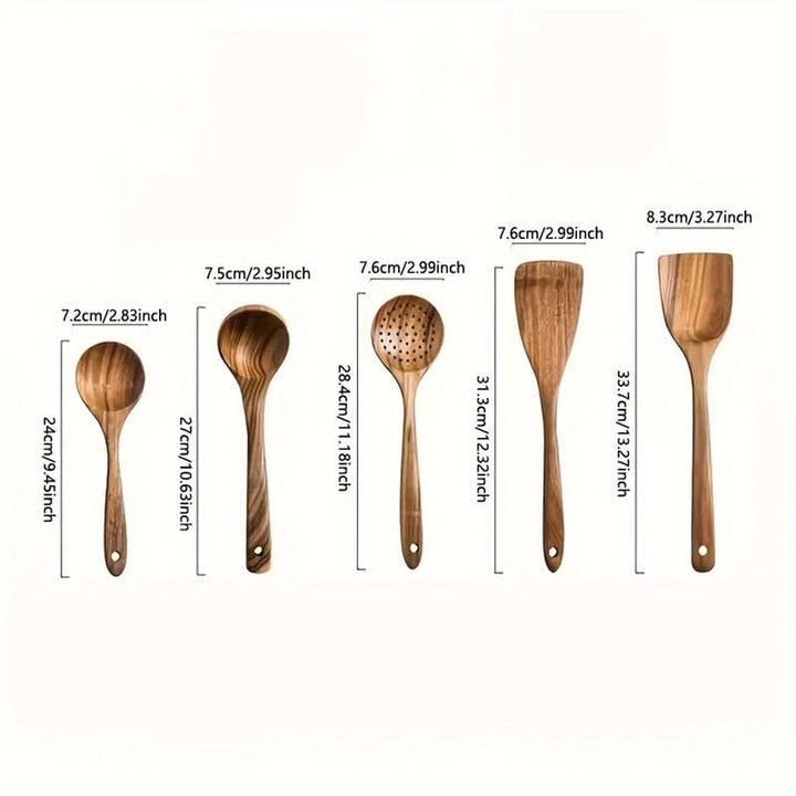 Premium eco-friendly teak wood kitchen utensil set. Durable, sustainable natural cooking tools & serving spoons for your kitchen.