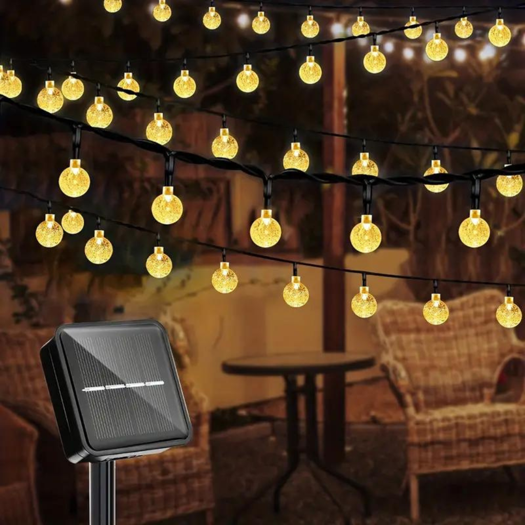 EcoGlow outdoor solar string lights for garden & patio ambiance, waterproof LED warm white glow, eco-friendly.