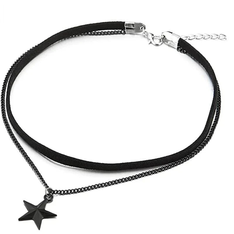 Edgy women's layered pentagram necklace in stainless steel, unique multi-layer design for a statement look.