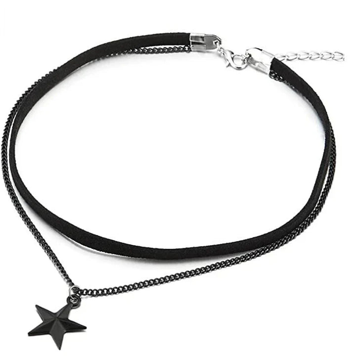 Edgy women's layered pentagram necklace in stainless steel, unique multi-layer design for a statement look.