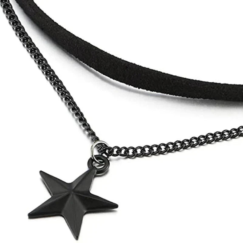 Gothic layered pentagram necklace for women, stainless steel with adjustable pendant, unique edgy style jewelry.