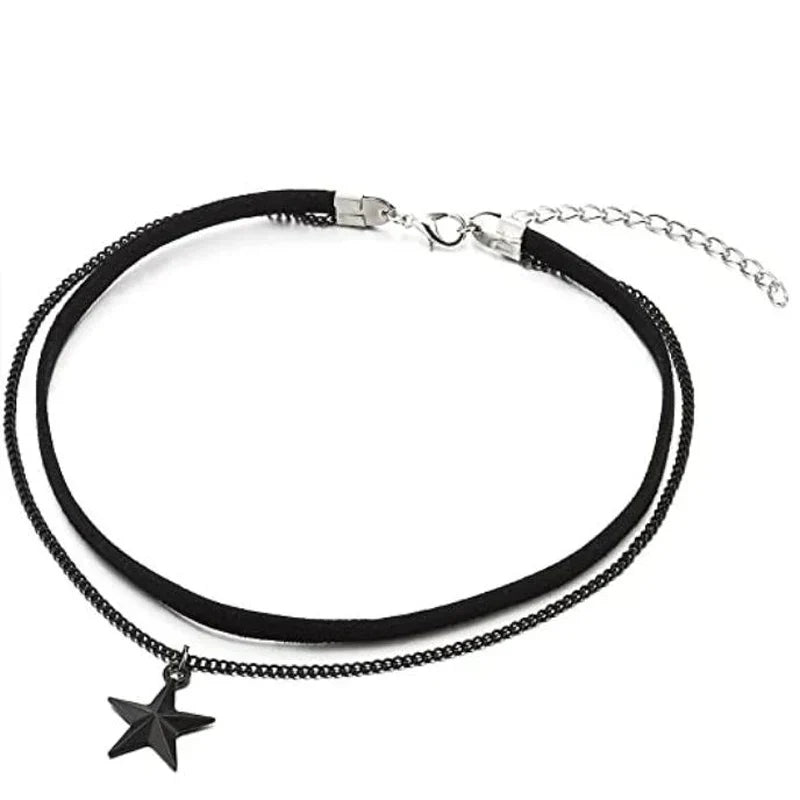 Statement women's layered pentagram necklace, unique multi-layer stainless steel design, trendy gothic fashion.