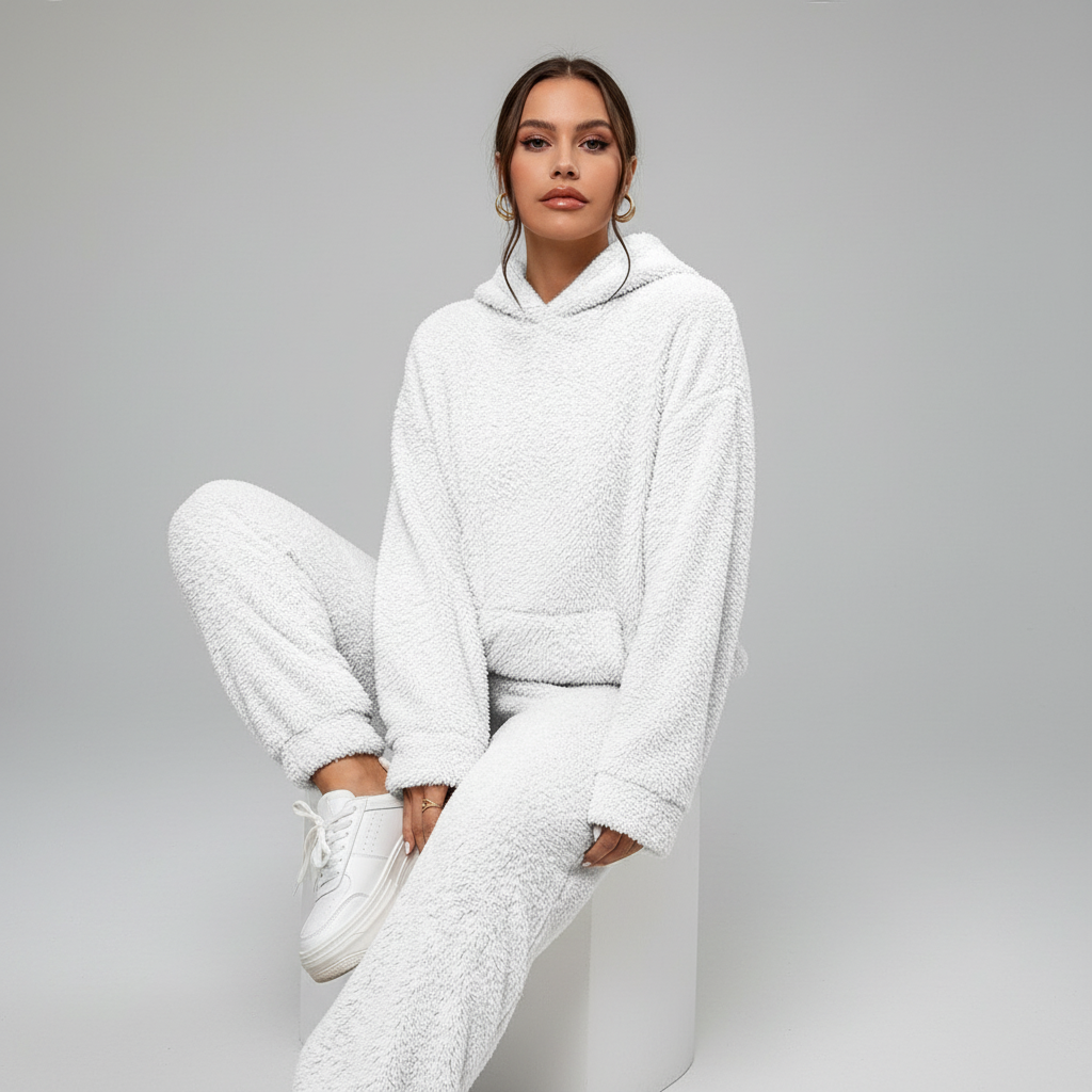 Soft cream teddy fleece loungewear set, Edith, a warm and cozy outfit for women's winter fashion.
