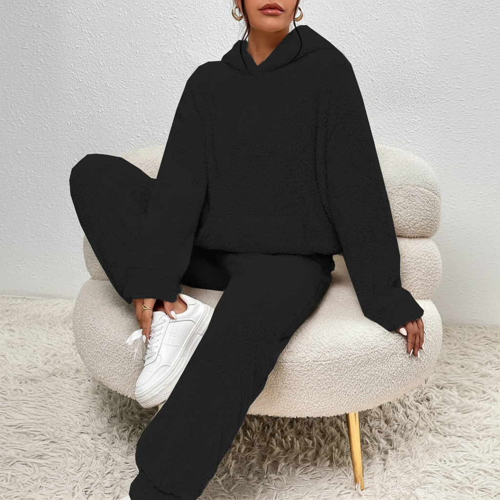 Edith women's fuzzy teddy fleece pajama set, offering ultimate comfort and warmth for lounging.