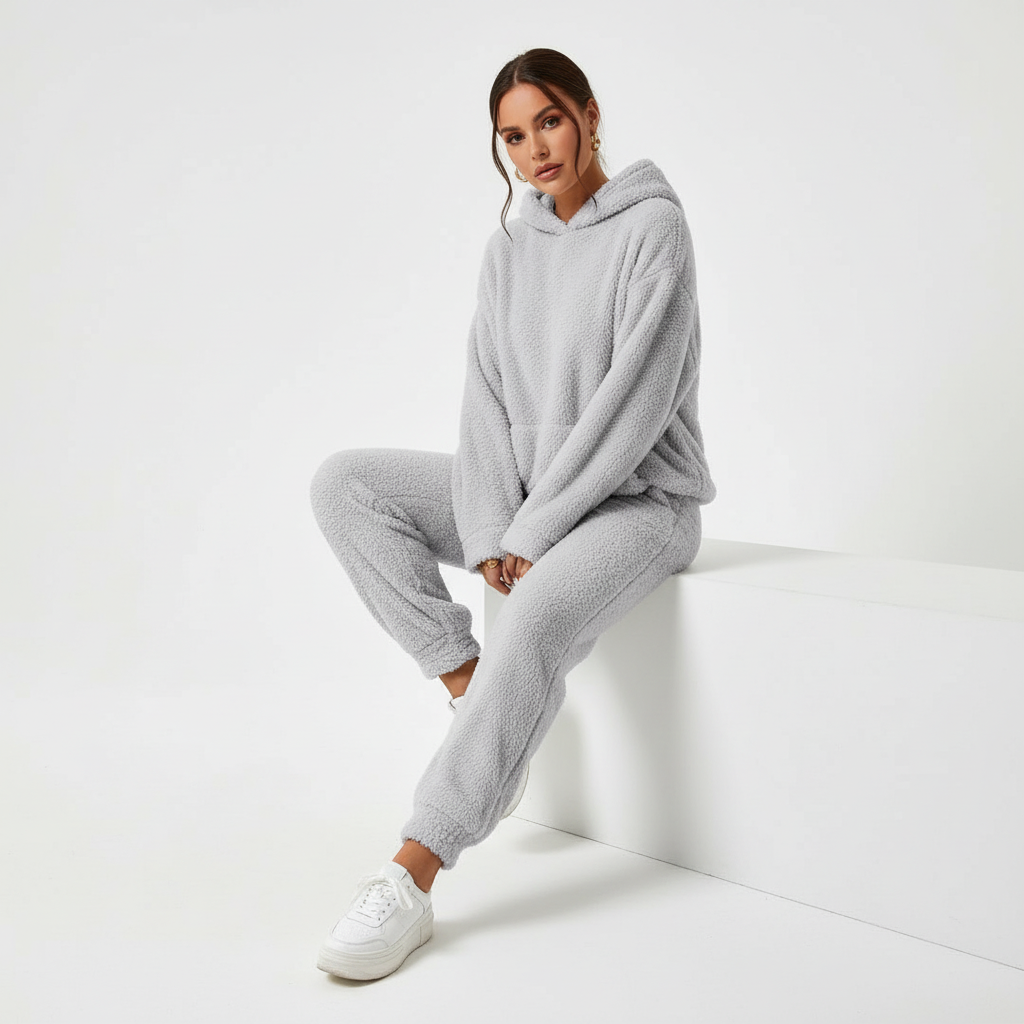 Stylish Edith women's loungewear set in teddy fleece, perfect for a cozy and comfortable home outfit.