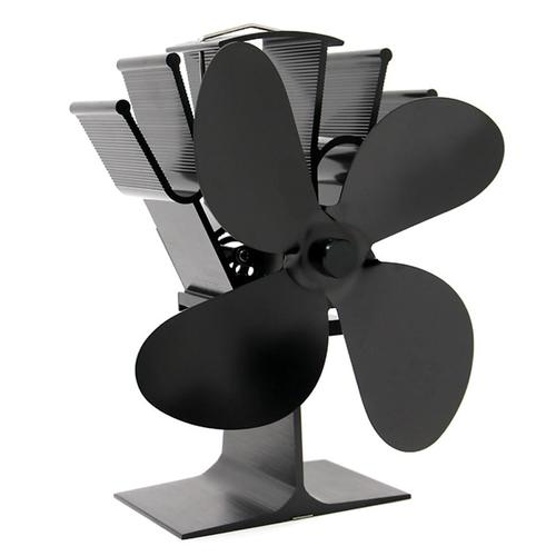 Efficient 4-blade heat powered stove fan for wood burning fireplaces, silent operation, energy saving home heating.