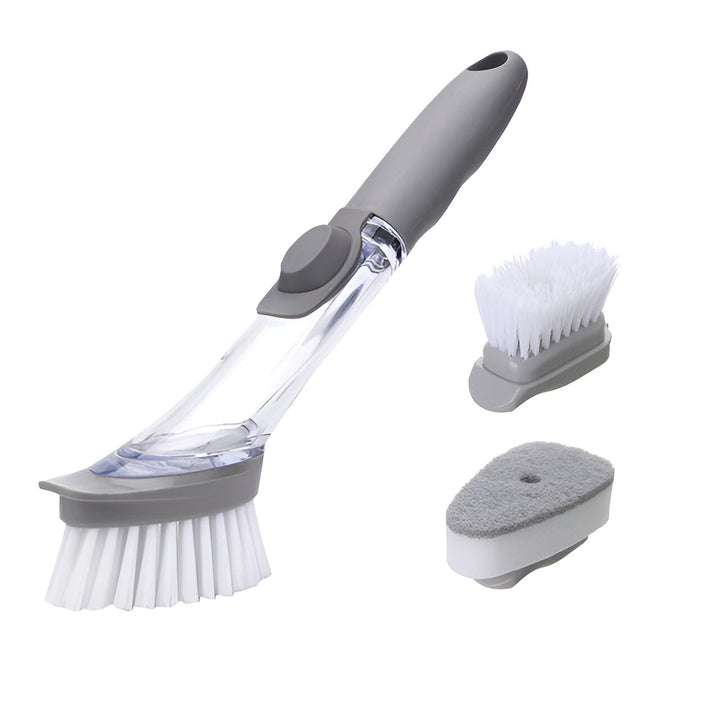 Efficient kitchen dish brush with built-in soap dispenser for easy dishwashing and cleaning.