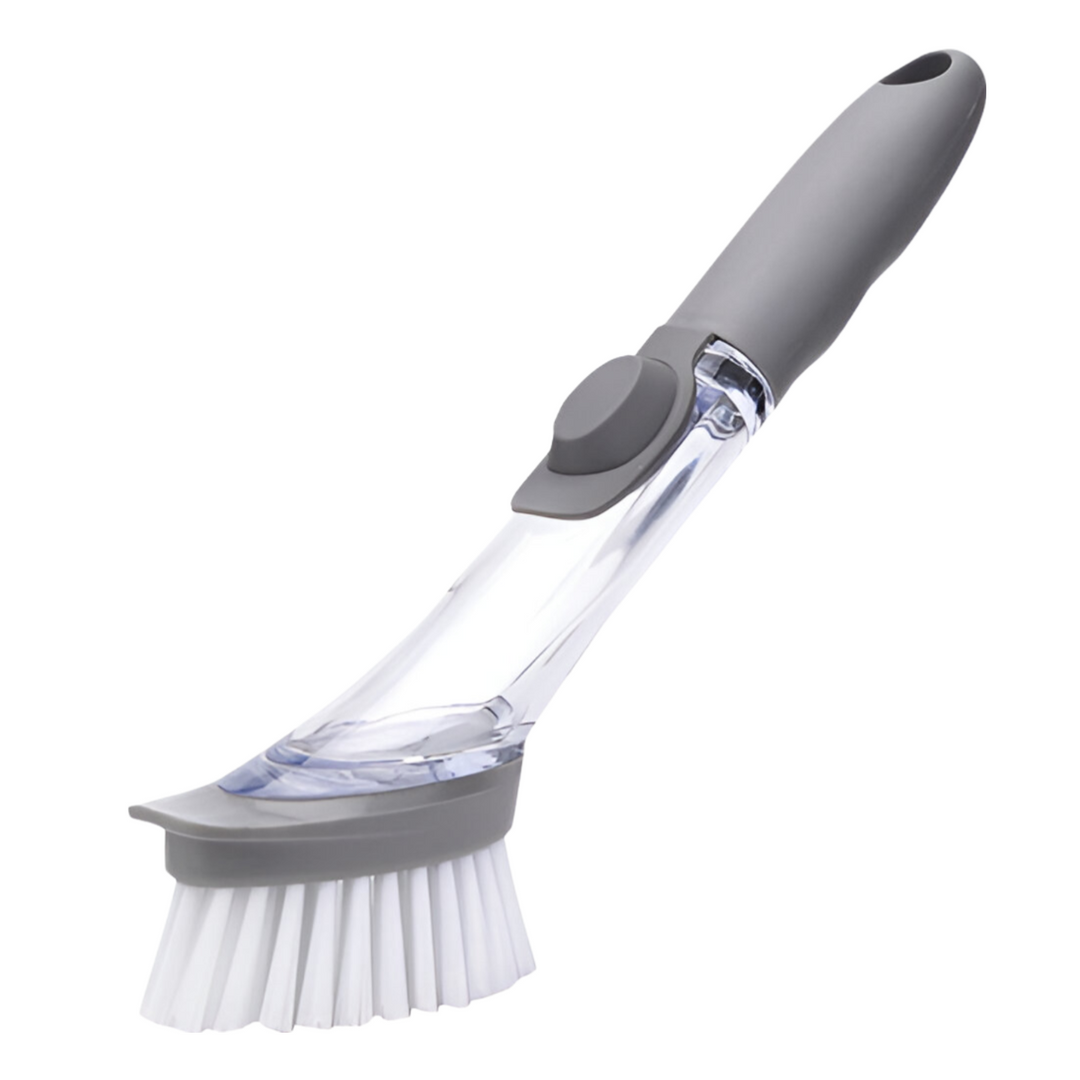 Ergonomic DishMaster soap dispensing brush for effortless scrubbing and superior kitchen cleaning.