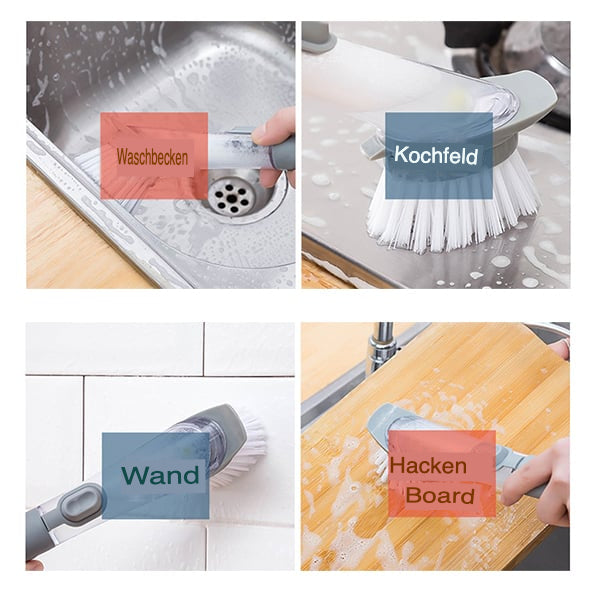 Multi-functional dishwashing brush with soap dispenser & scraper for tough kitchen messes.