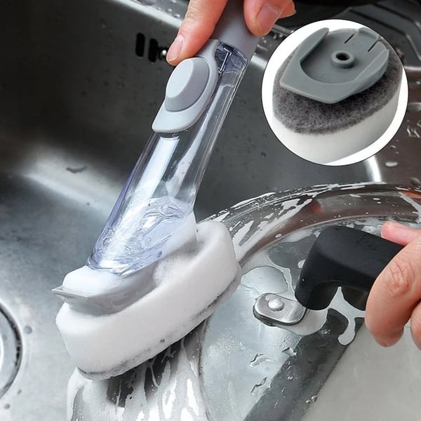 Streamlined cleaning tool: DishMaster dish brush with soap dispenser for quick & effective scrubbing.